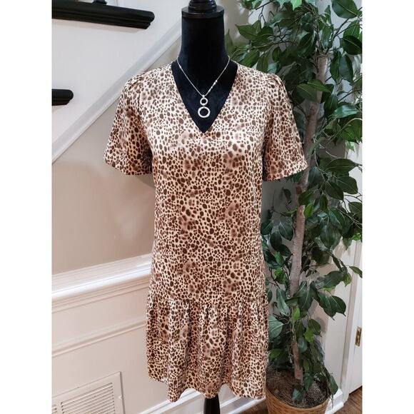 A New Day Women Brown Leopard Print Peplum Hem Casual V Neck Shift Dress Size XS - Picture 1 of 12